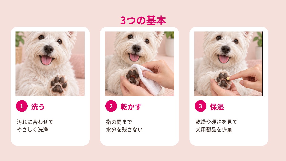散歩後の犬の肉球を洗い、指の間まで乾かし、状態に合わせて保湿する3ステップ