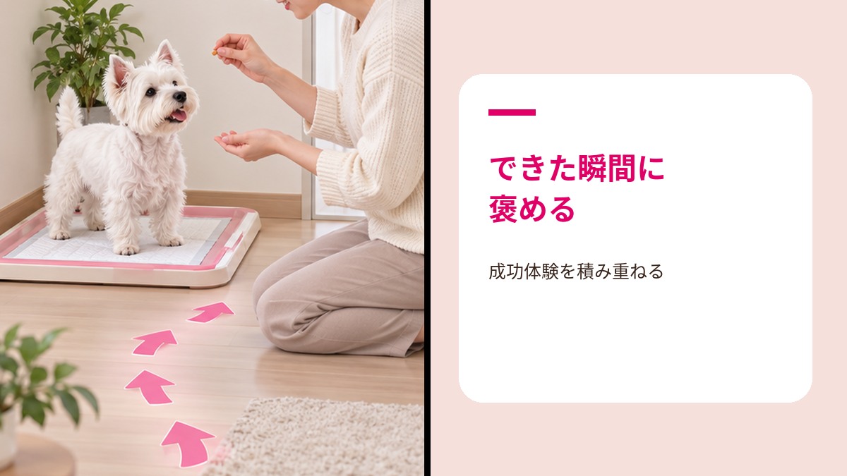 トイレトレーニングが成功した犬を褒める様子