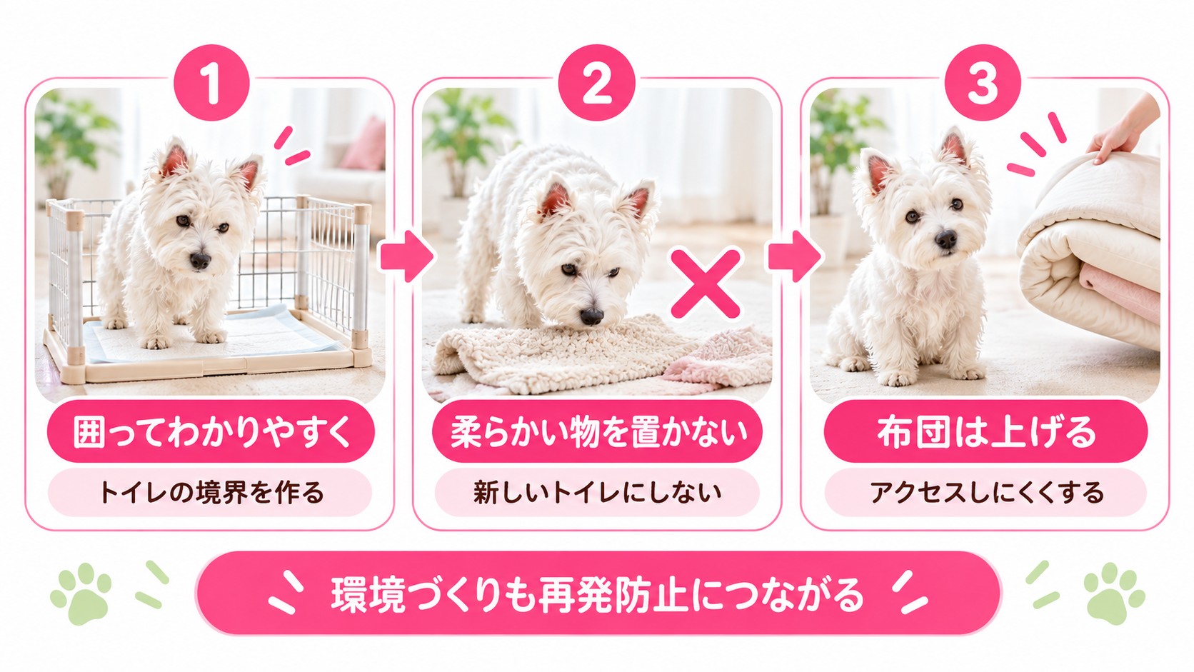 犬のトイレをわかりやすくし柔らかい物を置かず布団を上げる粗相予防の工夫