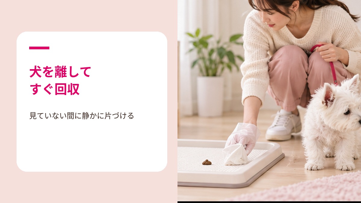 食ふんを防ぐため子犬の排泄物をすぐ片付ける様子