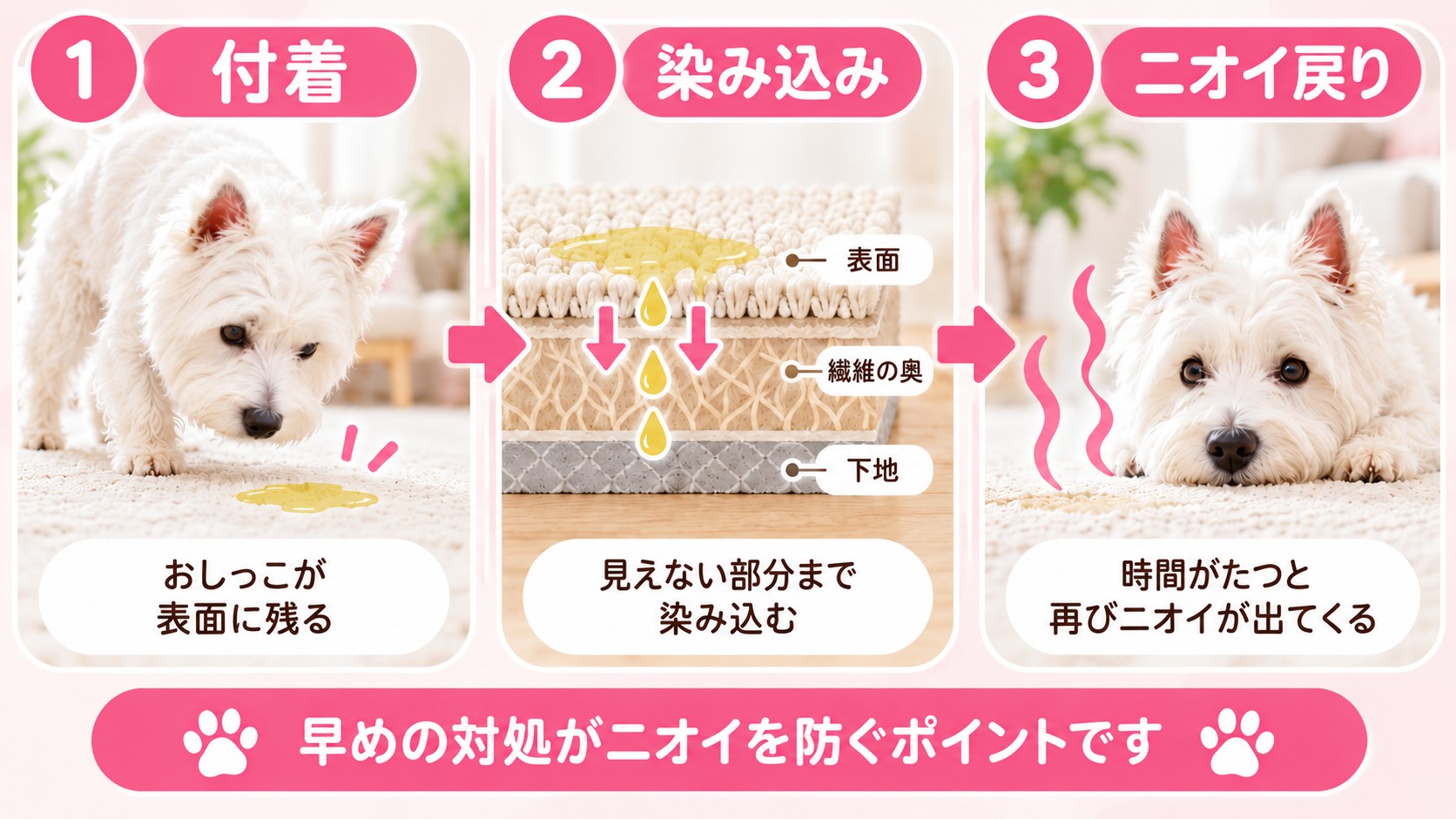 犬のおしっこが表面から内部へ染み込み時間がたつとニオイが戻る仕組み
