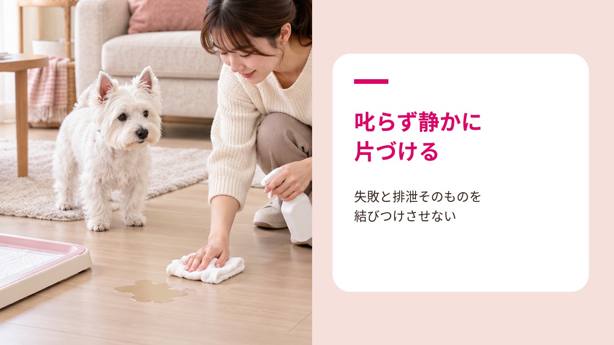 犬がトイレを失敗したときの対応を示すイラスト